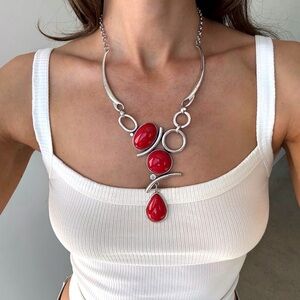 Statement Silver & Red Geometric Pendant Necklace